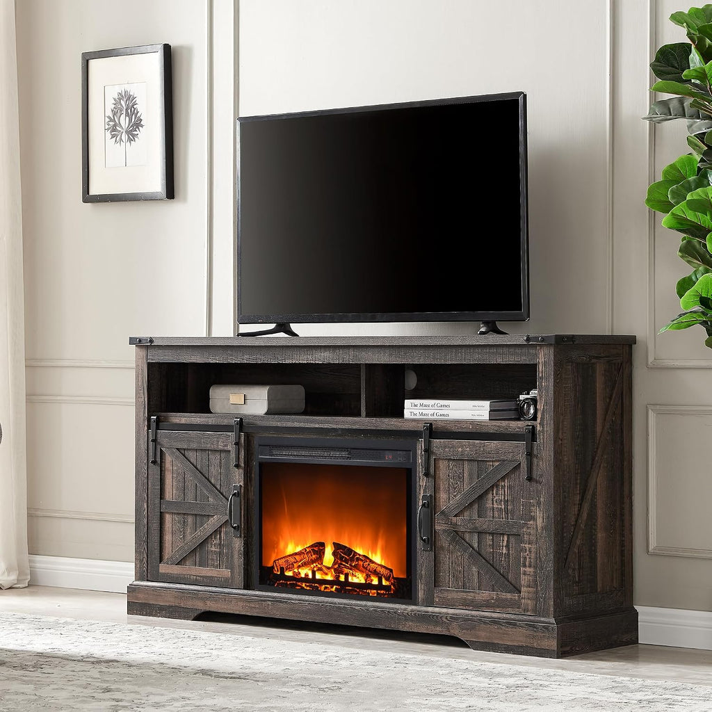 OKD Fireplace TV Stand for 65+ Inch TV, 33' Tall Highboy Farmhouse Entertainment Center w/ 23'' Electric Fireplace, Rustic Media Console w/Sliding Barn Door for Living Room, Dark Rustic Oak