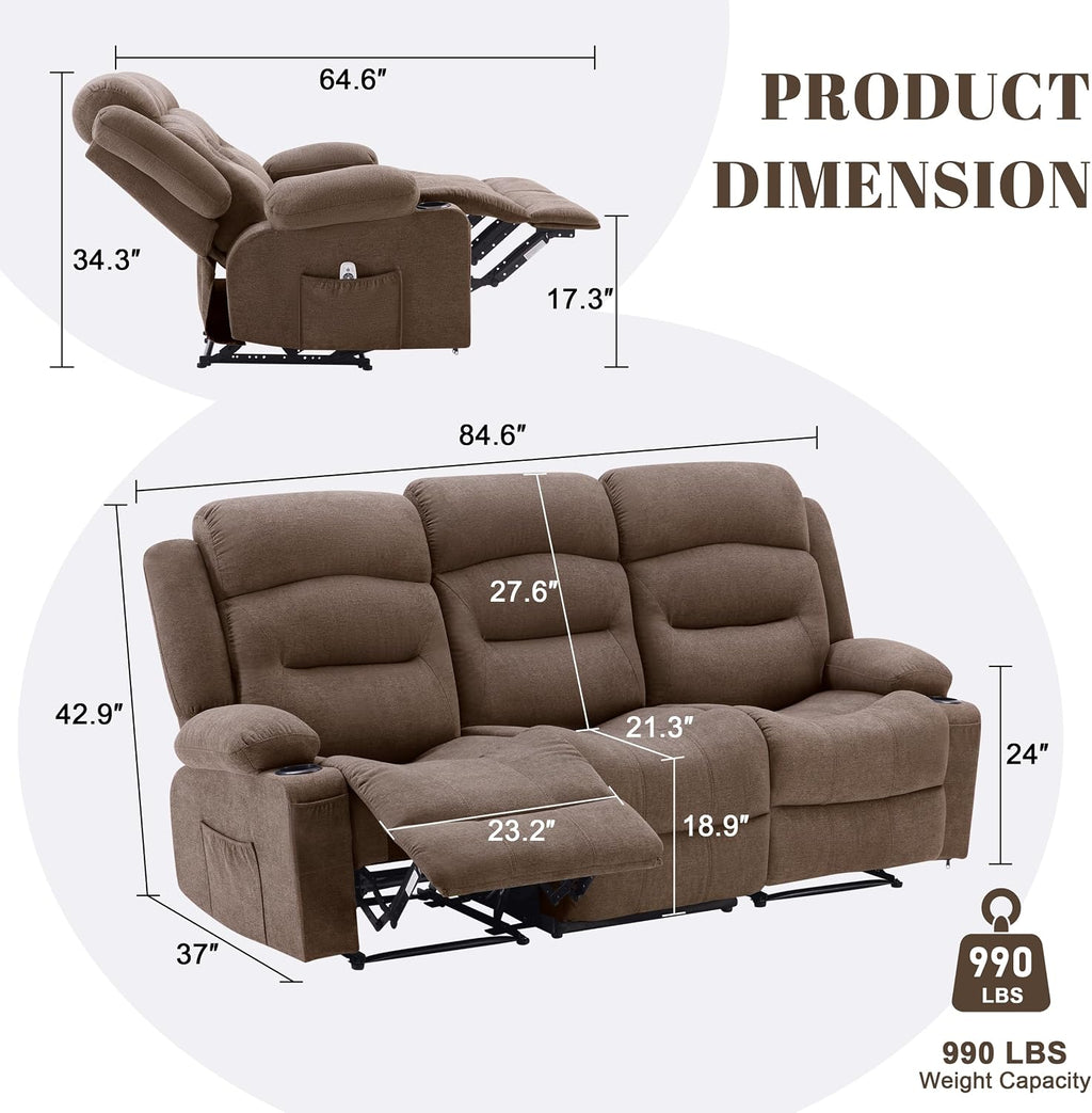 Oversized Recliner Sofa with Massage and Heat, Large Big 3-Seater RV Recliner Couch Sofa for Living Room, Wall-Hugger Reclining Sofa with Cup Holders and USB Port (Fabric, Brown)