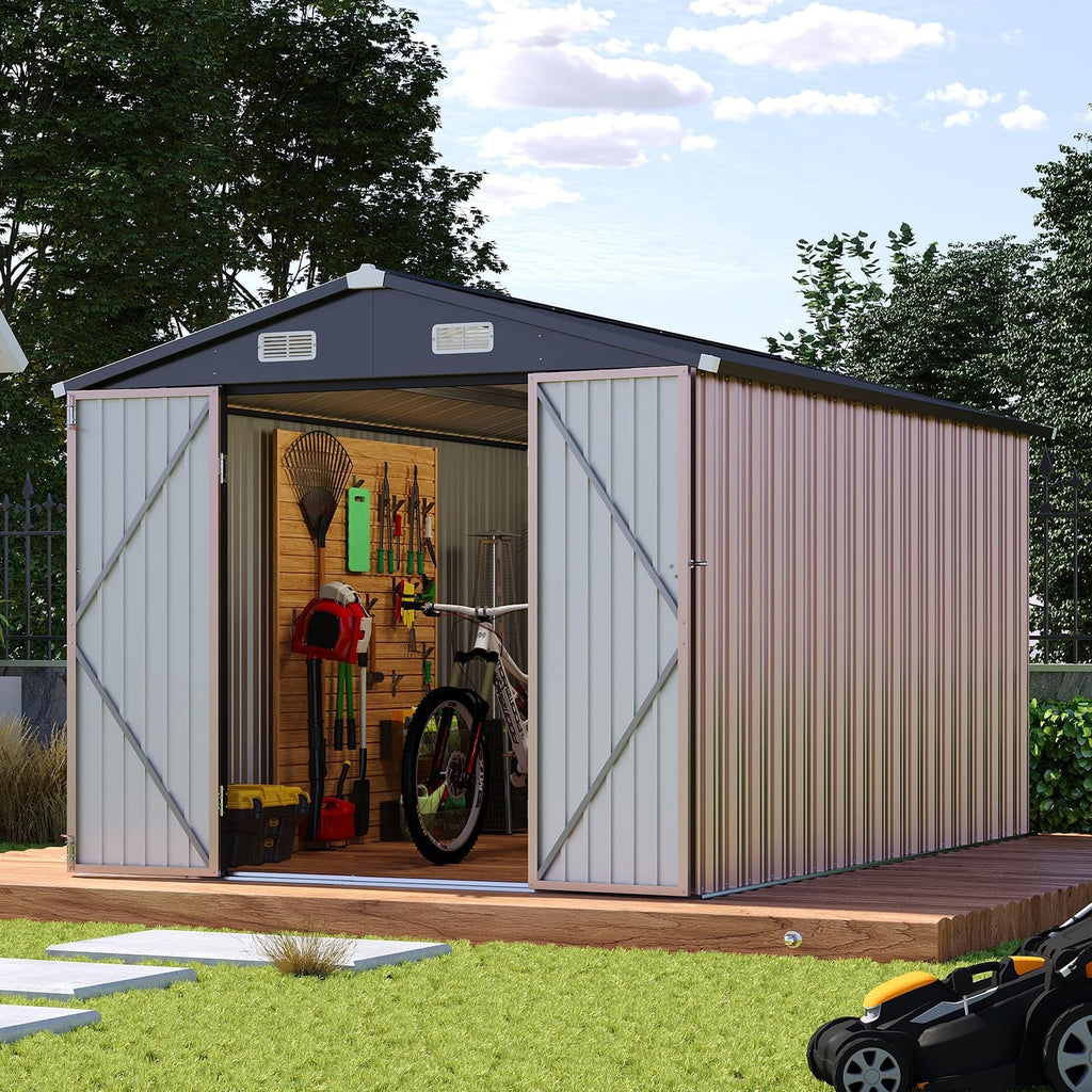 8x12FT A-Frame Metal Shed with Base Included, Brown Outdoor Tool Storage Building, Durable and Weather-Resistant, Perfect for Backyard, Garden, or Lawn