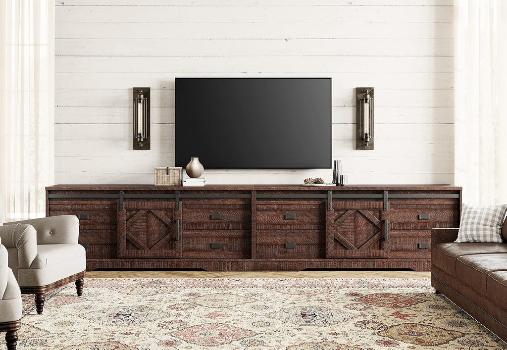 WAMPAT 118' Wide Modern Farmhouse 2 in 1 TV Stand for up to 130' TVs,Faux Bark Finish Wood Entertainment Center with 8 Drawers and Sliding Barn Doors for Living Room, Rustic Brown