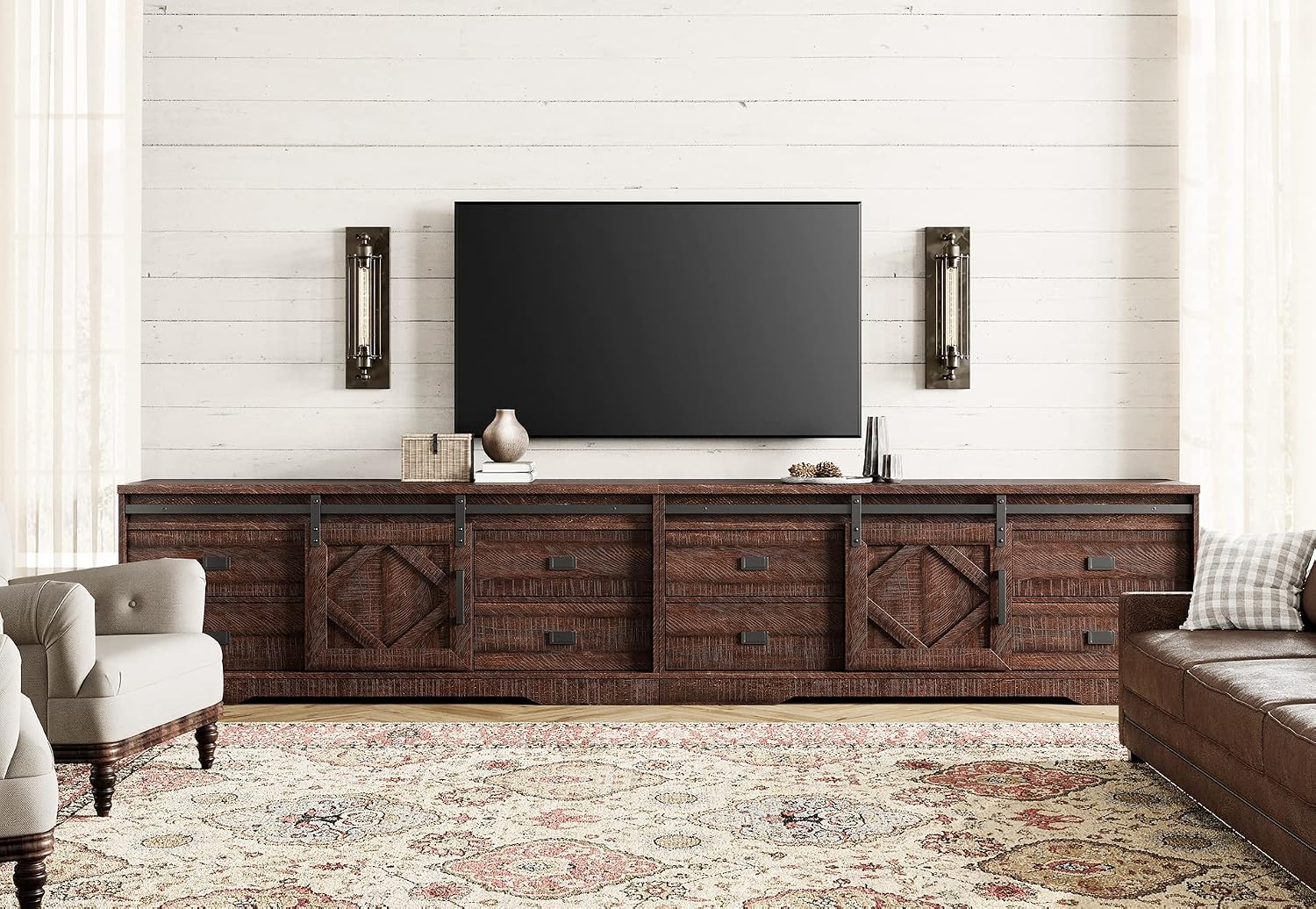 WAMPAT 118' Wide Modern Farmhouse 2 in 1 TV Stand for up to 130' TVs,Faux Bark Finish Wood Entertainment Center with 8 Drawers and Sliding Barn Doors for Living Room, Rustic Brown