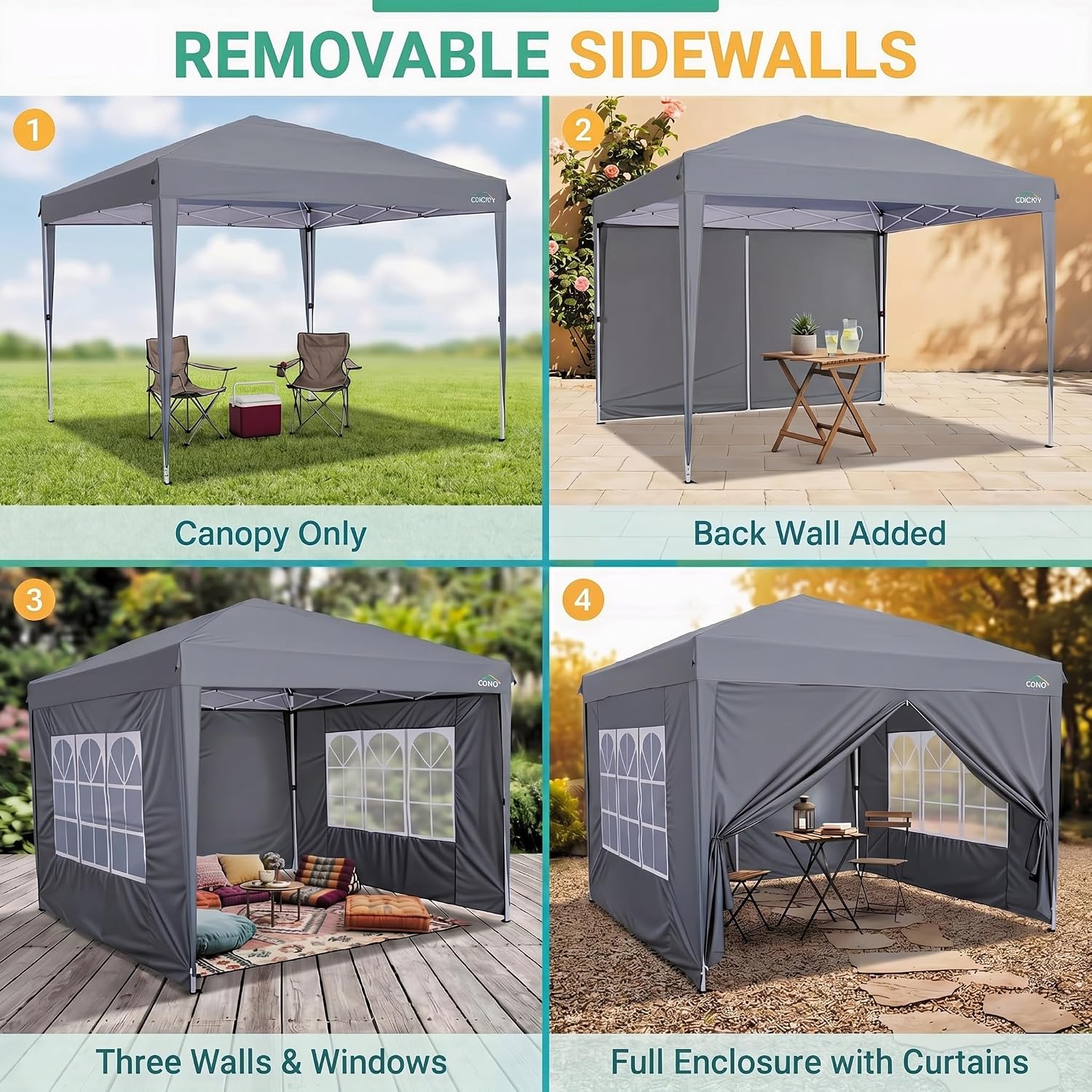 COBIZI 10x10 Pop up Canopy Tent, 10 by 10 Easy Setup Pop up Gazebo with 4 Sidewalls & Center Lock, Small Portable Instant Waterproof Outdoor Tent Canopy for Patio Backyard Vendor Event Sports, Gray