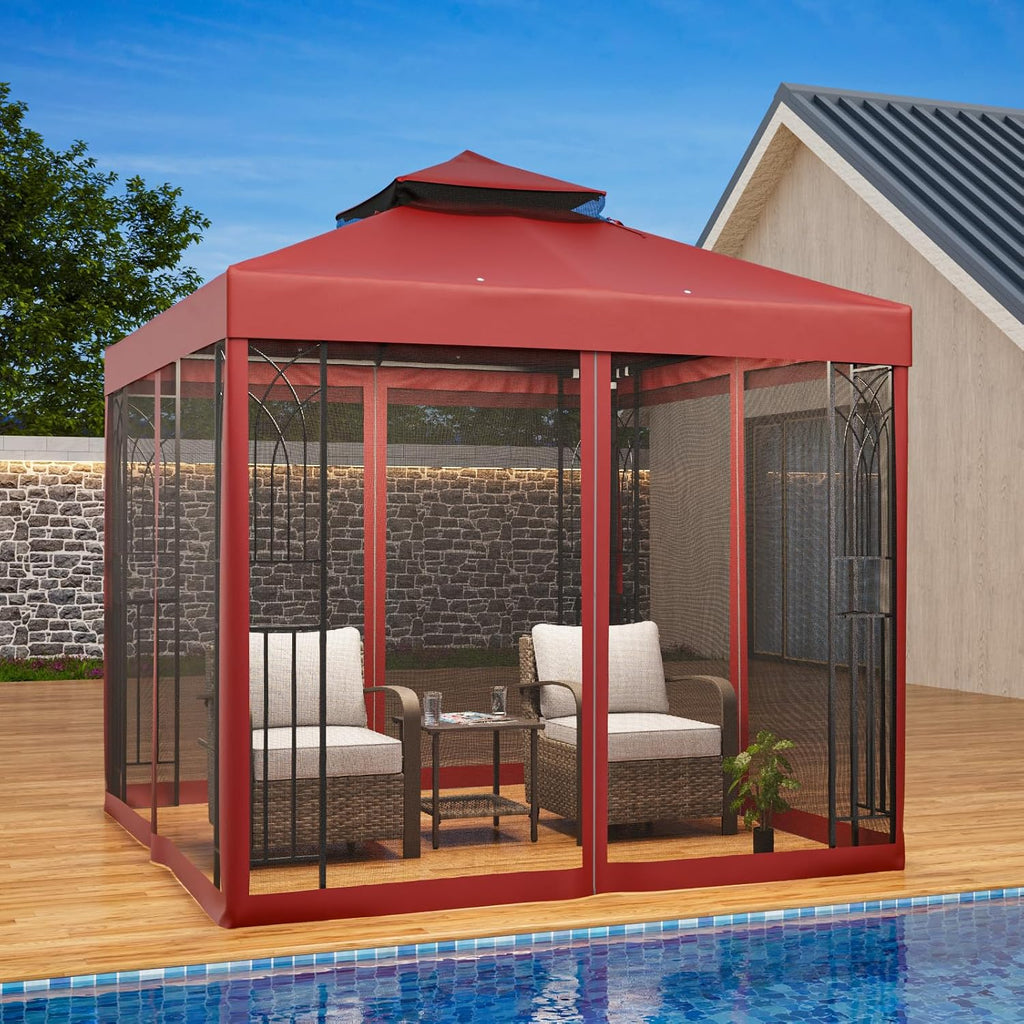 EAGLE PEAK 8x8 Patio Gazebo with Mesh Netting, Double Roof Outdoor Pavilion with Corner Shelves for Lawn, Deck, Garden and Backyard, Red