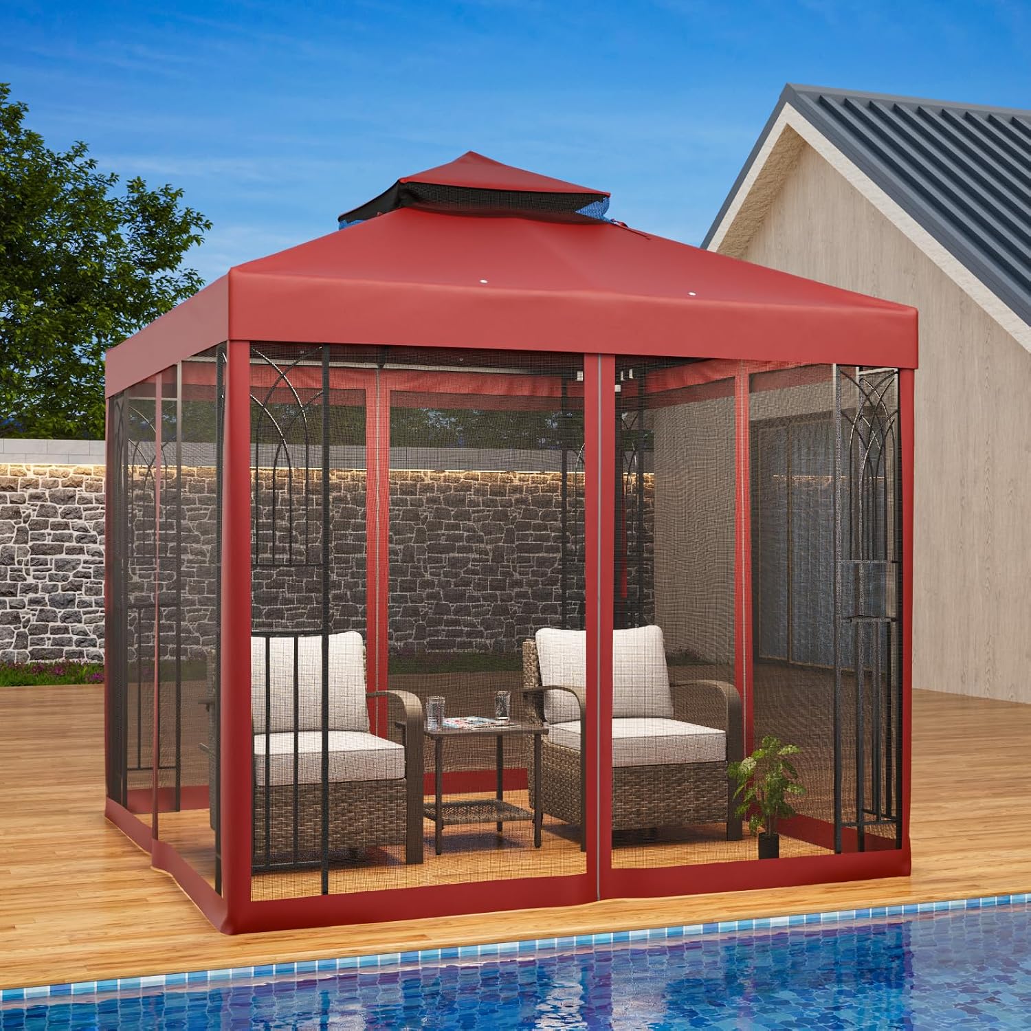 EAGLE PEAK 8x8 Patio Gazebo with Mesh Netting, Double Roof Outdoor Pavilion with Corner Shelves for Lawn, Deck, Garden and Backyard, Red