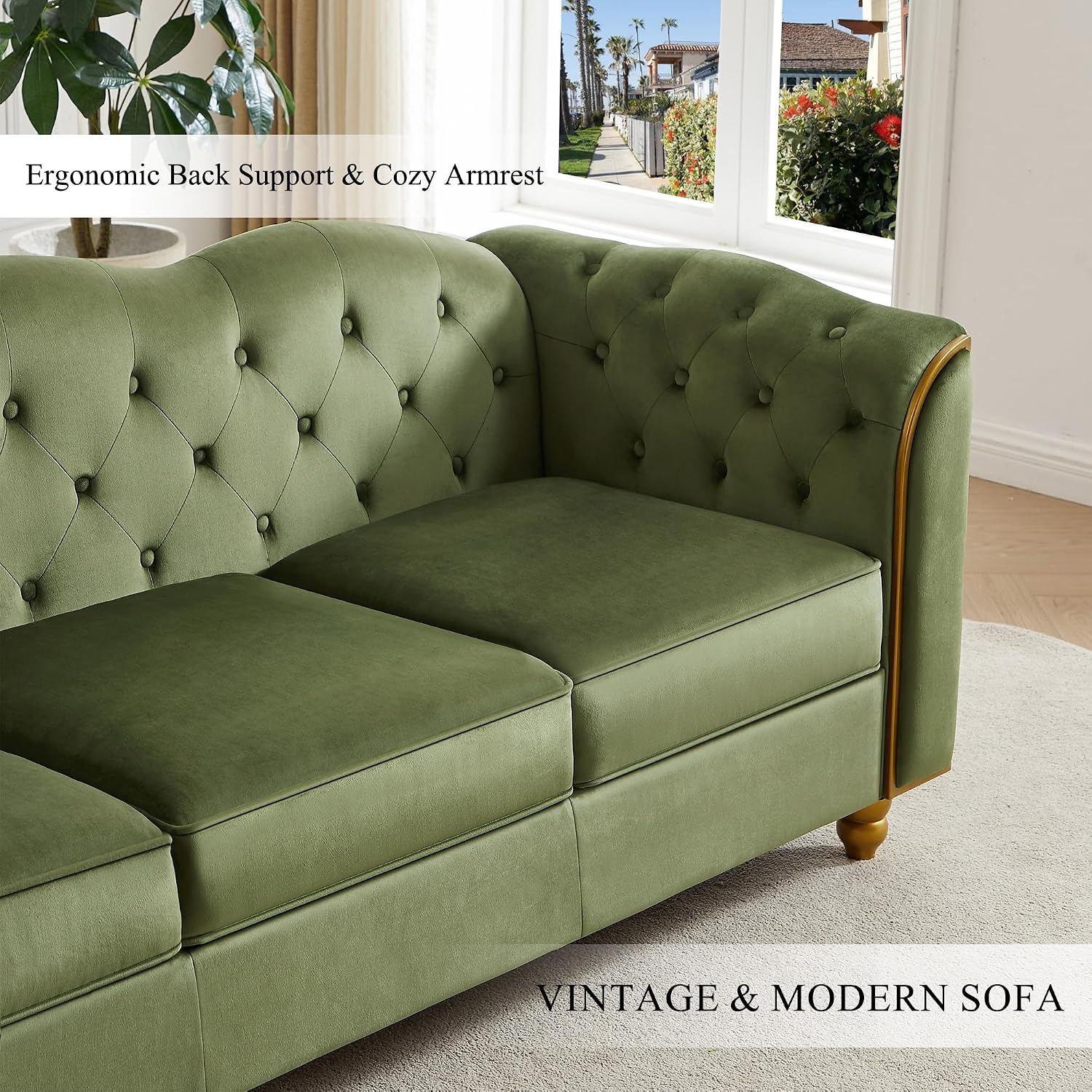 HITHOS 78' Velvet Sofa Couch, Soft 3 Seater Sofa Couche for Living Room, Button Tufted Comfy Couch Modern Sofa with Upholstered Cushion, Gold Trim, Solid Wood Legs for Dorm Bedroom Apartment, Green