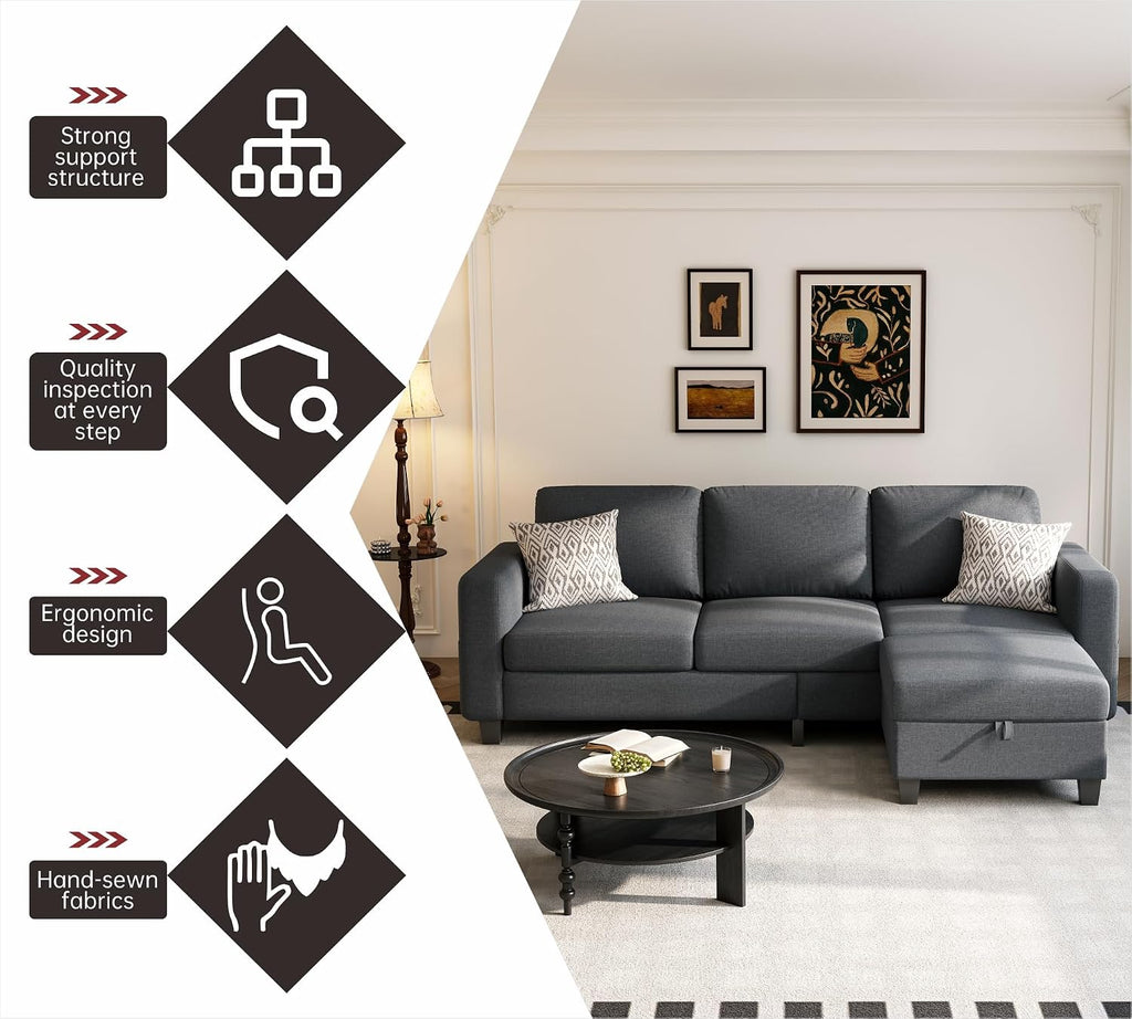 Youmumeub Sectional Couches for Living Room - Convertible Sofa and Storage Bench,79''Modern Corner Configuration,Suitable for Living Room, Apartment, Bedroom and Office-Dark Gray | Washable Covers, Reversible Chaise