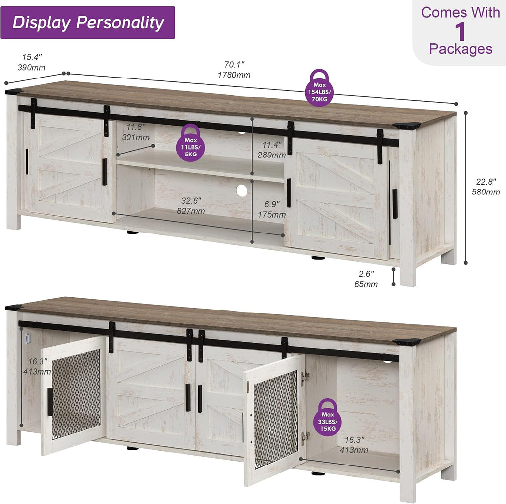 WAMPAT 70' Farmhouse TV Stand with Mesh Doors, Entertainment Center for 75' TV, Adjustable Shelves, 2 Storage Cabinets, Console Table for Living Room, Rustic Oak and White