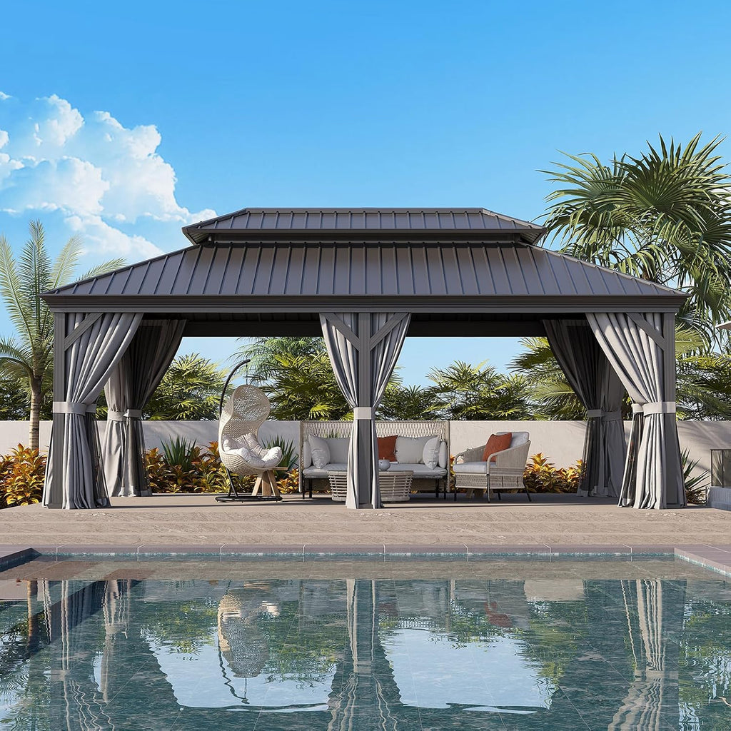 12'x20' Grey Double-top Rectangular Column Iron Sheet Pavilion, Suitable for Outdoor Courtyards and Gardens, Luxurious Iron-top Tent with Enclosure Fabric,
