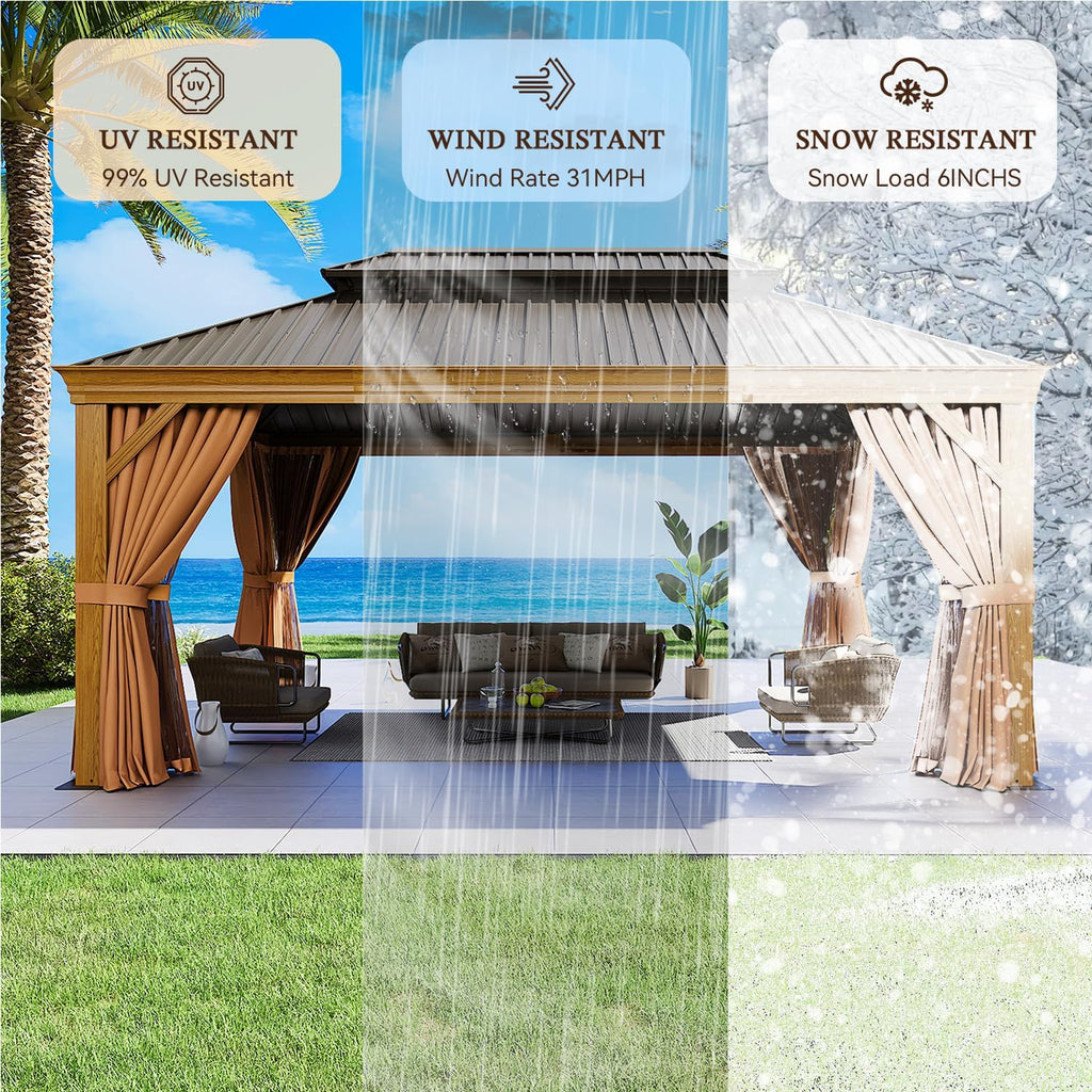 Gazebo 12ft x 16ft, Wooden Finish Coated Aluminum Frame Canopy, Galvanized Steel Double Top, Outdoor Permanent Metal Pavilion with Privacy Curtains and Netting, for Patio, Deck and Backyard
