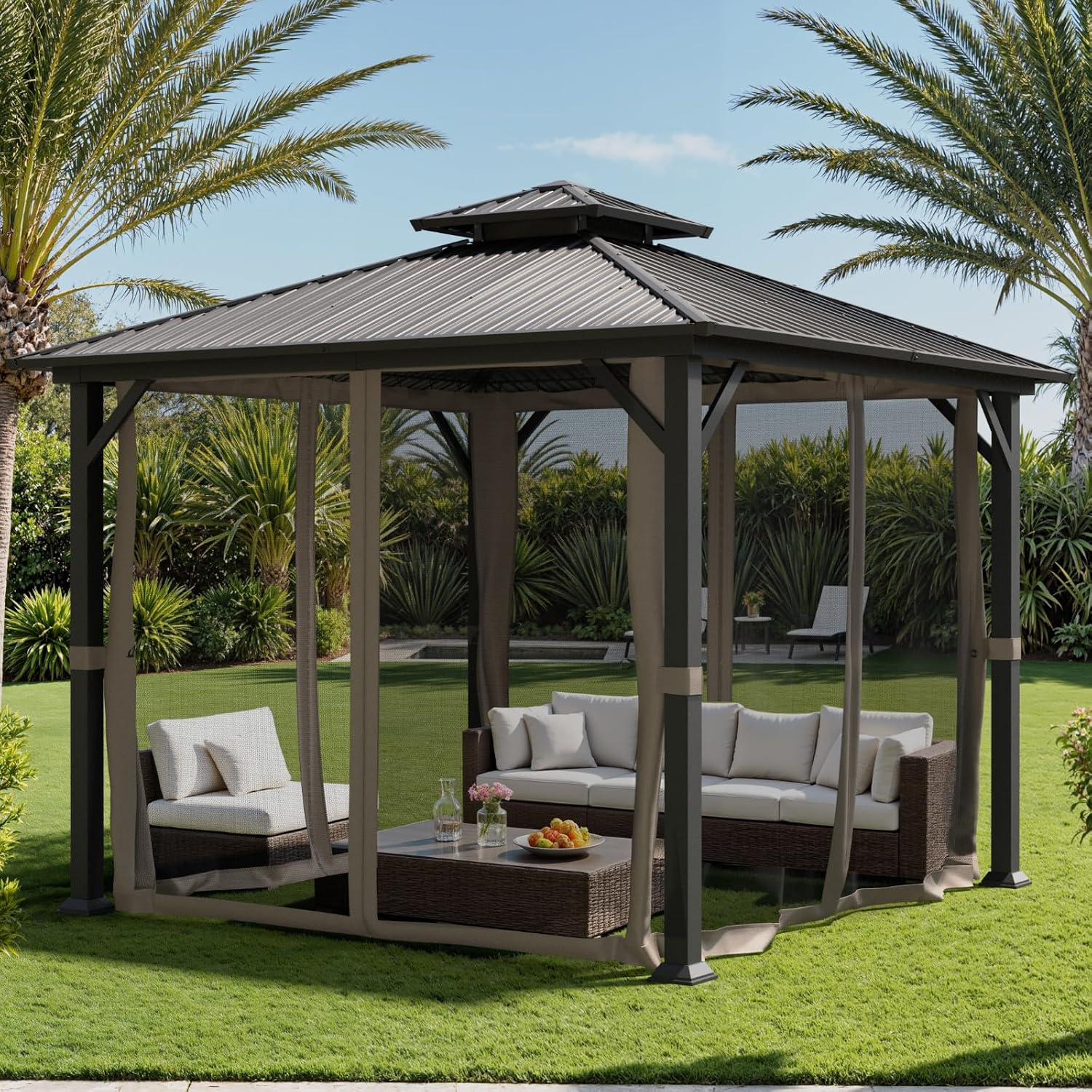 10x10 Hardtop Gazebo, Heavy Duty Outdoor Gazebo with Powder-Coated Iron Frame,Double Galvanized Steel Roof, Permanent Metal Pavilion with Mosquito Netting for Backyard, Patio & Garden