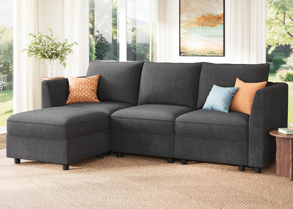 HONBAY Modular Sectional Sofa with Storage L Shaped Sectional Sofa, Convertible Couches for Living Room - Snowflake Velvet Grey