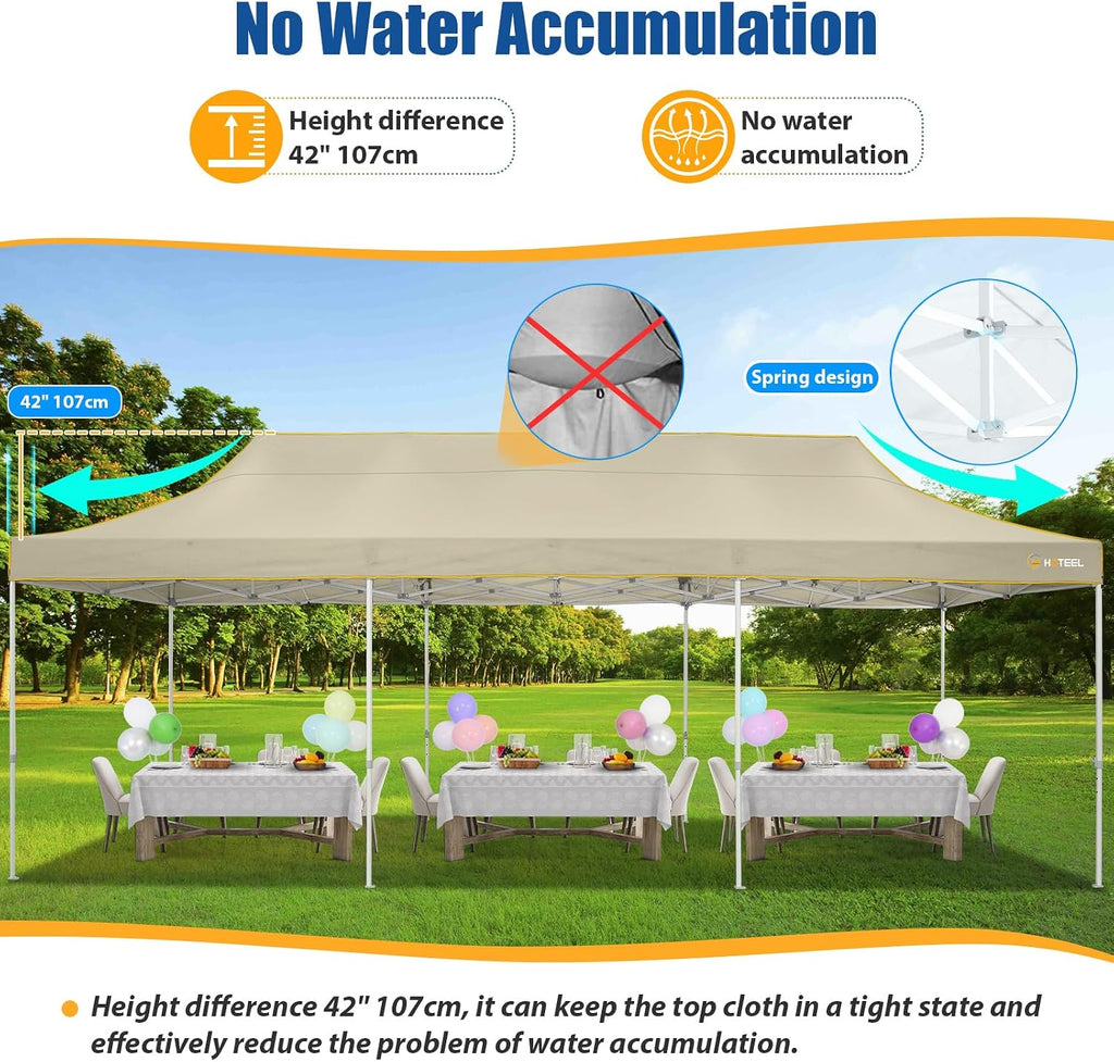 HOTEEL 10x30 Heavy Duty Pop up Canopy Tent Without Sidewalls, Easy Setup Outdoor Commercial Instant Tent for Parties Wedding Event, with Portable Bag, Khaki(Hexagonal Frame)