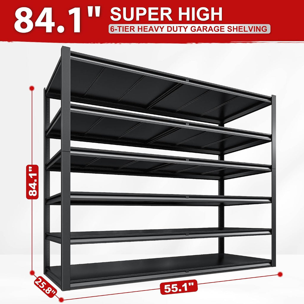 REIBII 84.1' H Garage Shelving, 3500LBS Storage Shelves Heavy Duty, Adjustable 6-Tier Metal Shelving for Commercial, Warehouse, Basement, Garage,Shop, 55.1' W x 25.8' D x 84.1' H