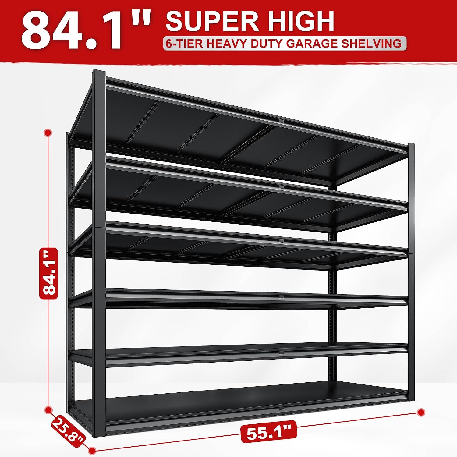 REIBII 84.1' H Garage Shelving, 3500LBS Storage Shelves Heavy Duty, Adjustable 6-Tier Metal Shelving for Commercial, Warehouse, Basement, Garage,Shop, 55.1' W x 25.8' D x 84.1' H