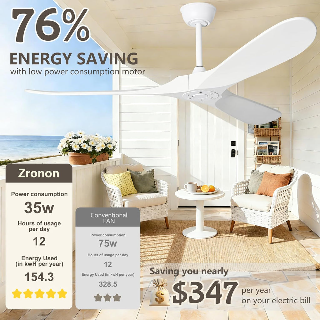 52 Inch White Ceiling Fan No Light, 3 Blade Wood Outdoor Ceiling Fans for Patios Gazebo Porch Living Room, Reversible Modern Wet Rated Indoor Ceiling Fan without Lights with Remote