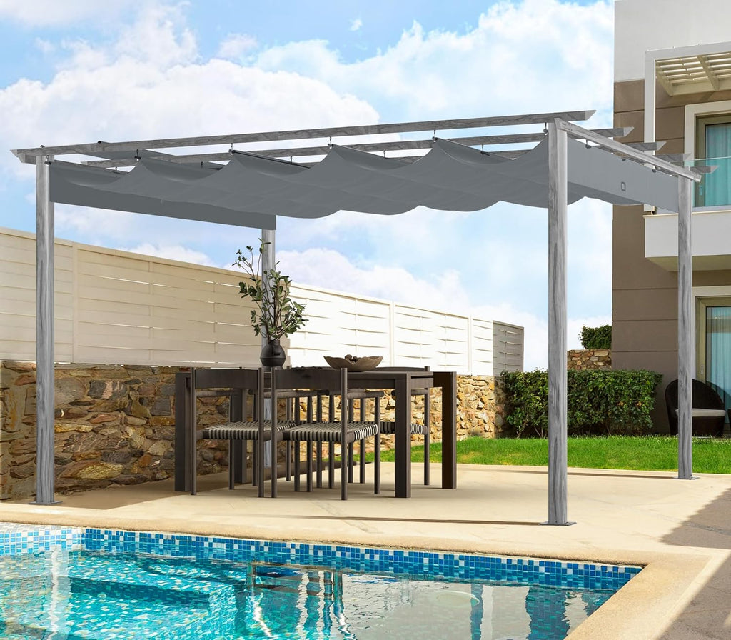 HAPPATIO 12' X 12' Wood-Grain Retractable Pergola with Sun Shade Canopy, Patio Aluminum Frame Shelter for Backyards, Gardens, Porch, Includes Ground Studs and Expansion Screws (Grey)
