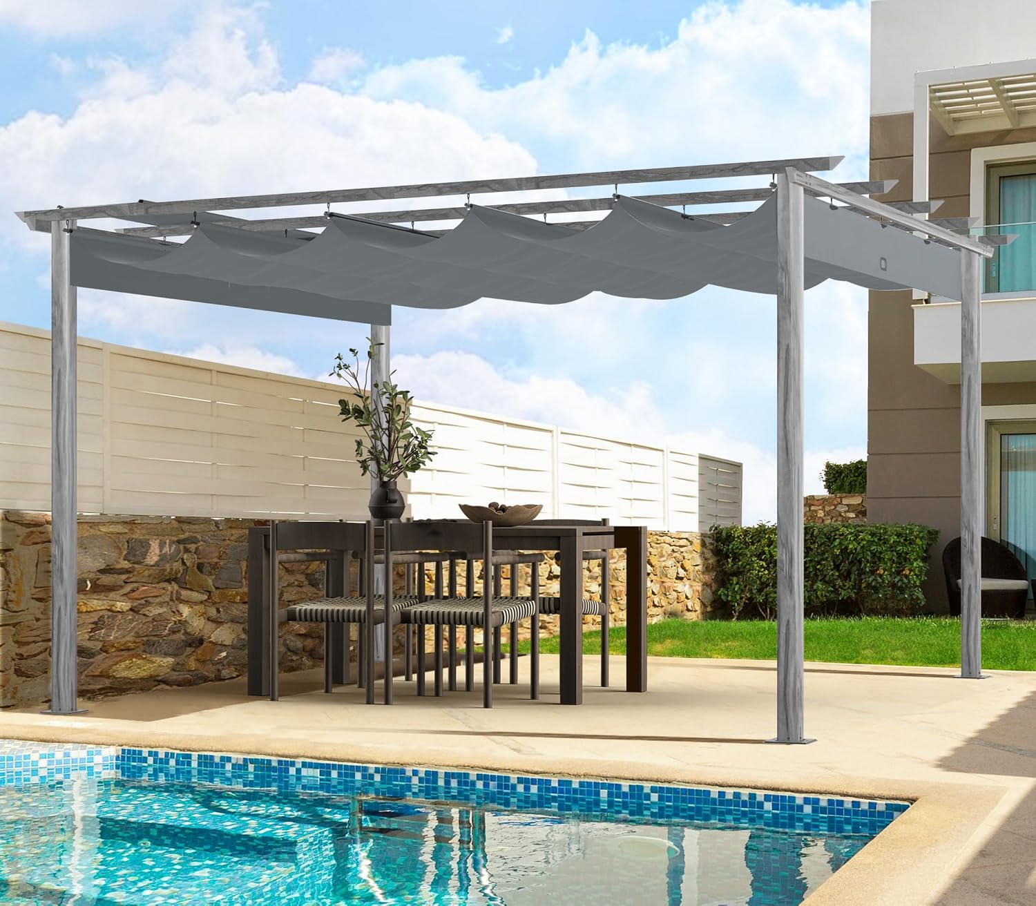 HAPPATIO 12' X 12' Wood-Grain Retractable Pergola with Sun Shade Canopy, Patio Aluminum Frame Shelter for Backyards, Gardens, Porch, Includes Ground Studs and Expansion Screws (Grey)