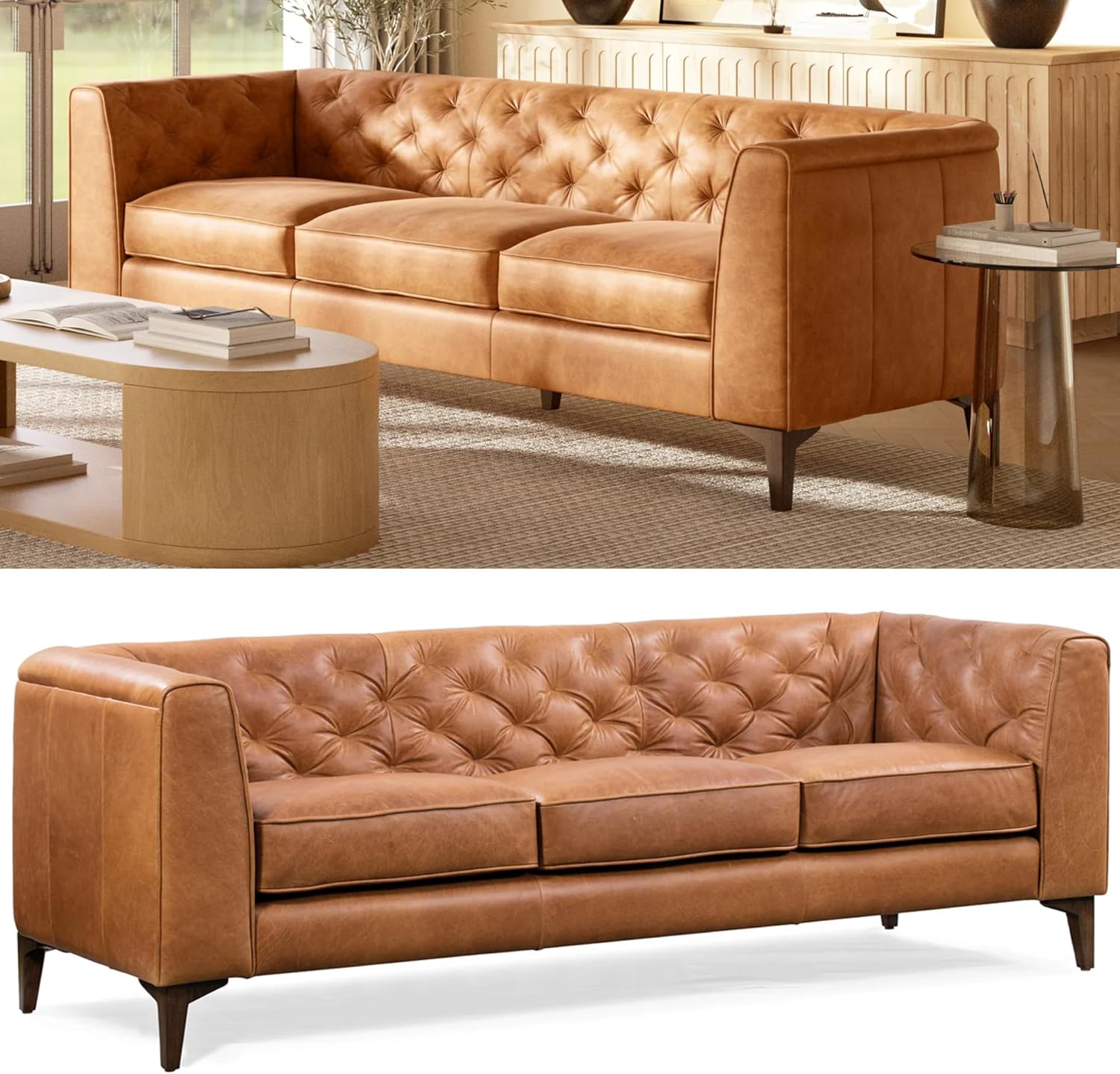 POLY & BARK Essex 89' Full-Grain Italian Leather Sofa – Tufted Back, Feather-Down Comfort, Solid Wood Frame, Cognac Tan