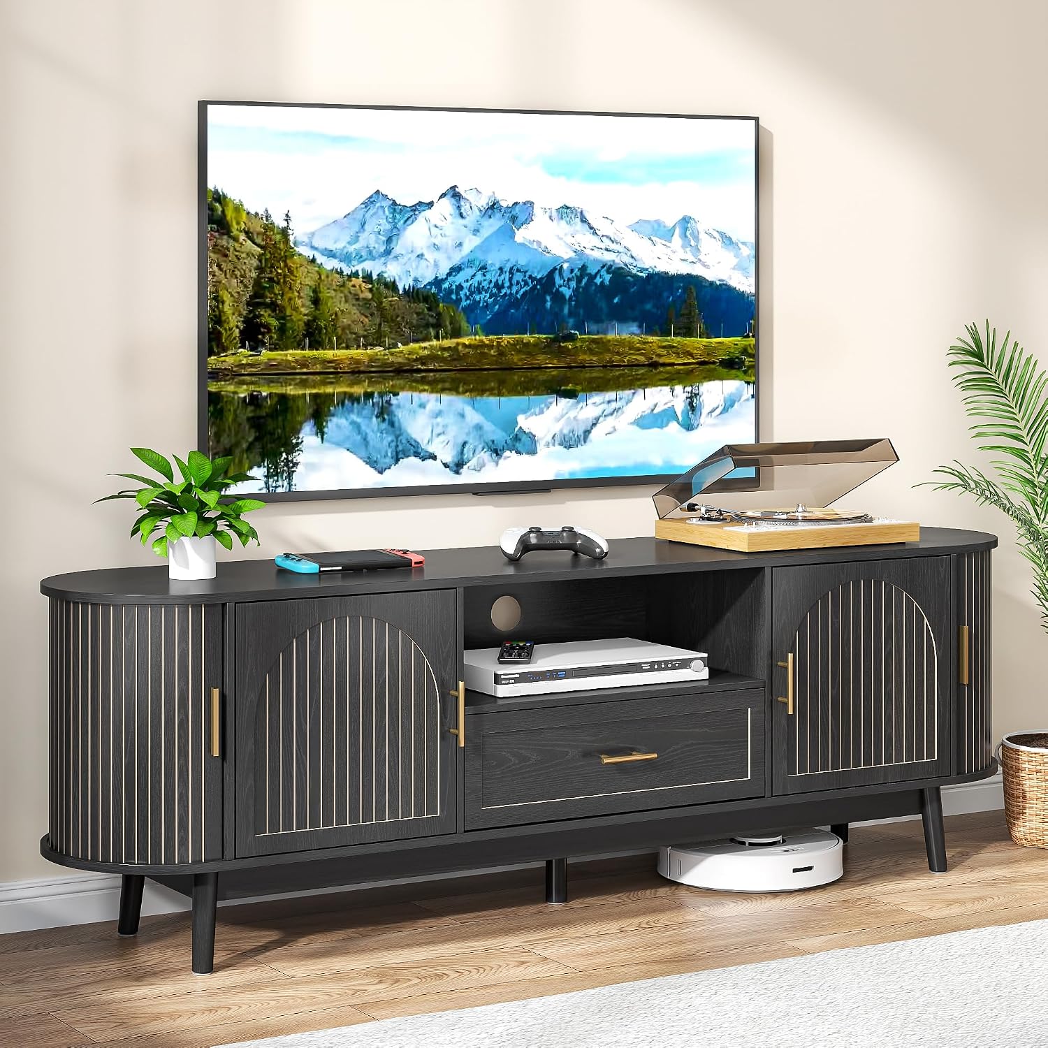 63' Fluted TV Stand for Tvs up to 70', Mid-Century Modern Entertainment Center with Drawers and Fluted Doors, Curved TV Media Console Table with Sliding Doors for Living Room, Bedroom (63' Black)