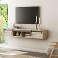 WAMPAT Floating TV Stand for TVs up to 80 Inch, Wood Entertainment Center with Charging Station, Sliding Barn Door Floating TV Shelf for Living Room,Oak