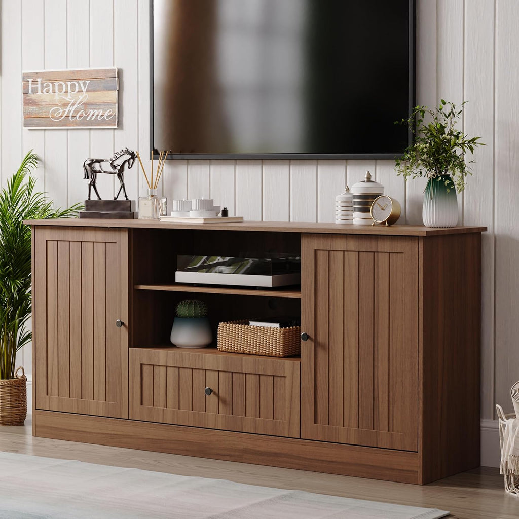Furnify 63 in Farmhouse TV Stand for TVs up to 70 Inch, Modern Entertainment Center with Storage Drawer and Open Shelves, Shaker Door TV Console Media Cabinet for Living Room, Bedroom, Walnut