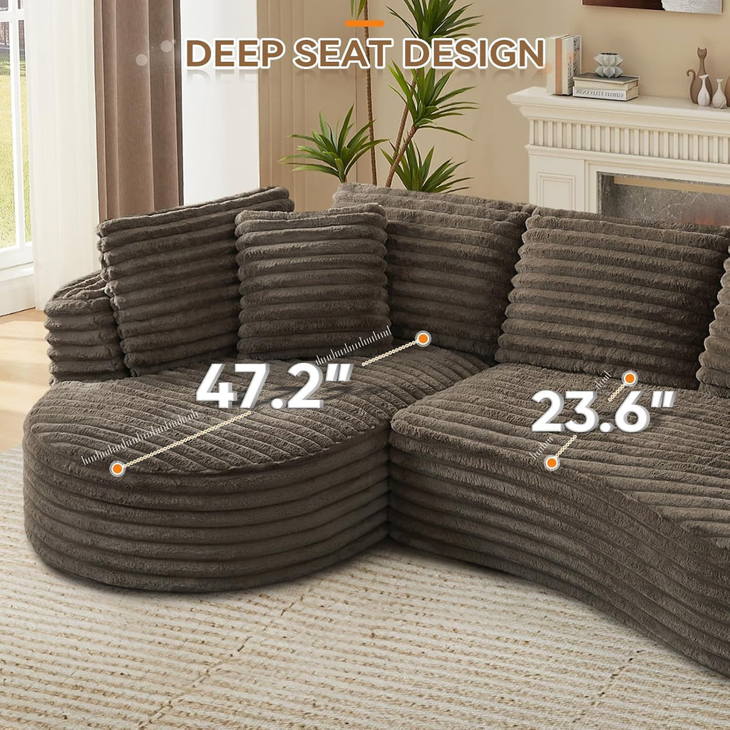 120'W Oversized Modern Curved Cloud Couch,Corduroy Modular Sectional Sofa with Chaise, L Shaped Boneless Couch, Compression Foam Sofa for Living Room Bedroom, No Assembly Required(Left Facing, Brown)