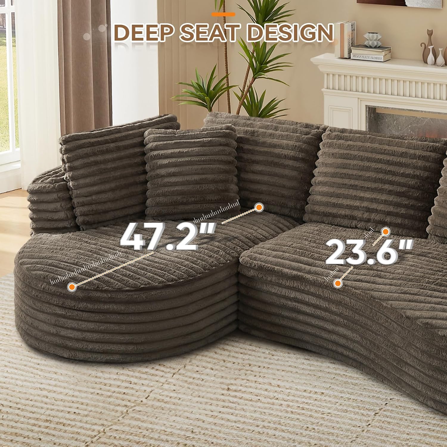 120'W Oversized Modern Curved Cloud Couch,Corduroy Modular Sectional Sofa with Chaise, L Shaped Boneless Couch, Compression Foam Sofa for Living Room Bedroom, No Assembly Required(Left Facing, Brown)
