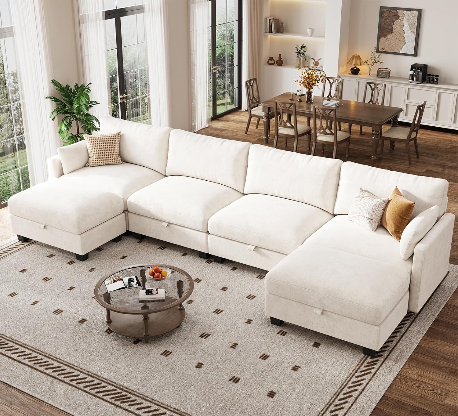 Modular Sectional U Shaped Sofa Couches for Living Room, Cloud Couch with Storage Ottoman, Comfy Chenille Sofa with Pillow, Beige