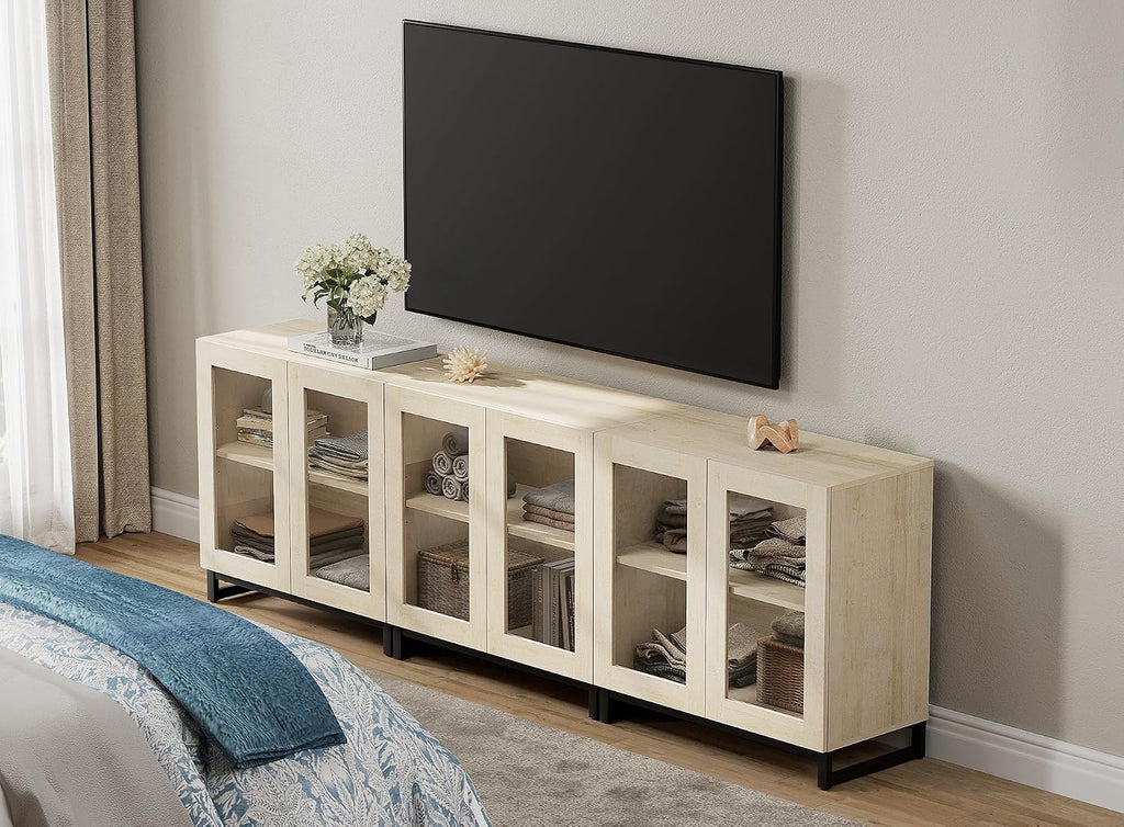 WAMPAT Modern TV Stand with Glass Doors for 70-100 inch TVs, 3 in 1 Entertainment Center Console with Adjustable Shelves and Metal Base for Living Room, Bedroom, Beige