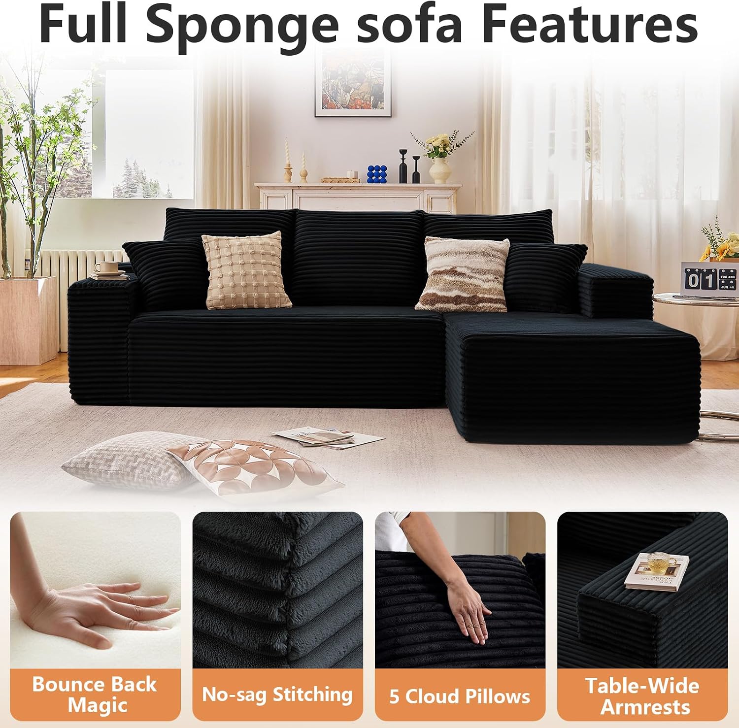 96' Modular Sectional Sofa, Modern Corduroy Cloud Couch with Deep Seat, Boneless Couch Upholstered 3-Seater L-Shaped Sofa for Living Room, No Assembly Required (Black, Right-Facing Chaise)