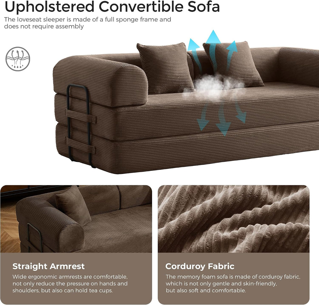 79' Convertible Sofa Bed with Fixed-Shape Frame & Removable Armrests, Modular Corduroy Sleeper Sofa, Folding Mattress Couch for Small Spaces - No Assembly Needed in Brown (Includes 2 Pillows)