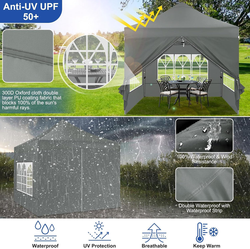 COBIZI 10x10 Heavy Duty Pop Up Canopy Tent with 4 Sidewalls Thicken Frame, Commercial Easy Up Outdoor Wedding Party Tents, All Season Waterproof Windproof with Stakes Sandbags Ropes Roller Bag, Gray