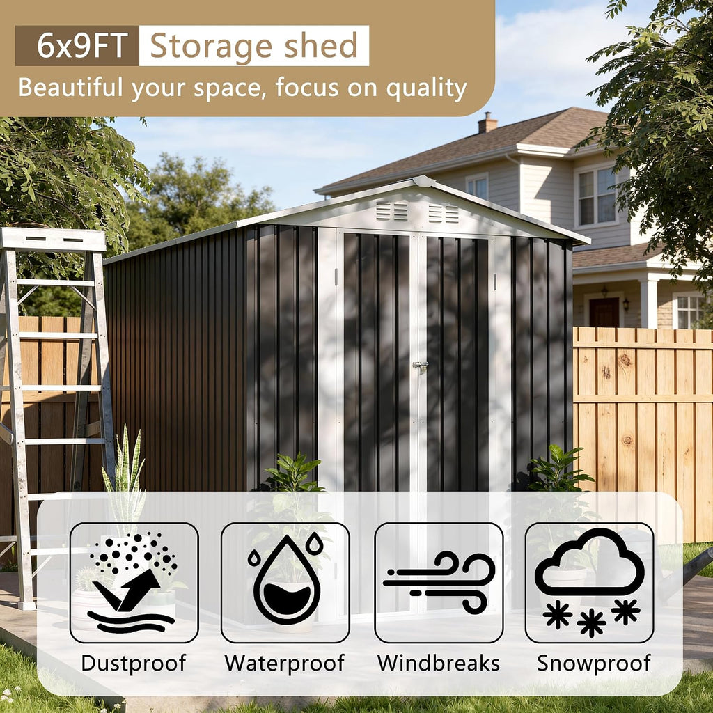 6x9 FT Large Outdoor Storage Shed, Galvanized Tool Shed, Metal Garden Shed with Apex Roof & Lockable Door& Air Vent, Waterproof Rust-Resistant for Patio Furniture Lawnmower Bike