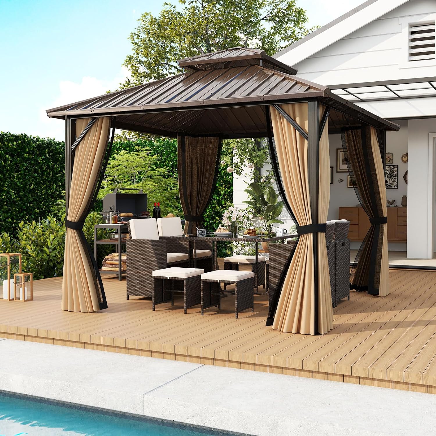 Tangkula 10x10 FT Hardtop Gazebo, Aluminum Frame Permanent Pavilion with Curtains, Netting, Heavy-Duty Double-Tier Galvanized Metal Roof, Outdoor Gazebo for Patios Garden Deck Lawn Backyard