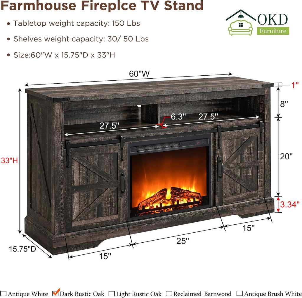 OKD Fireplace TV Stand for 65+ Inch TV, 33' Tall Highboy Farmhouse Entertainment Center w/ 23'' Electric Fireplace, Rustic Media Console w/Sliding Barn Door for Living Room, Dark Rustic Oak
