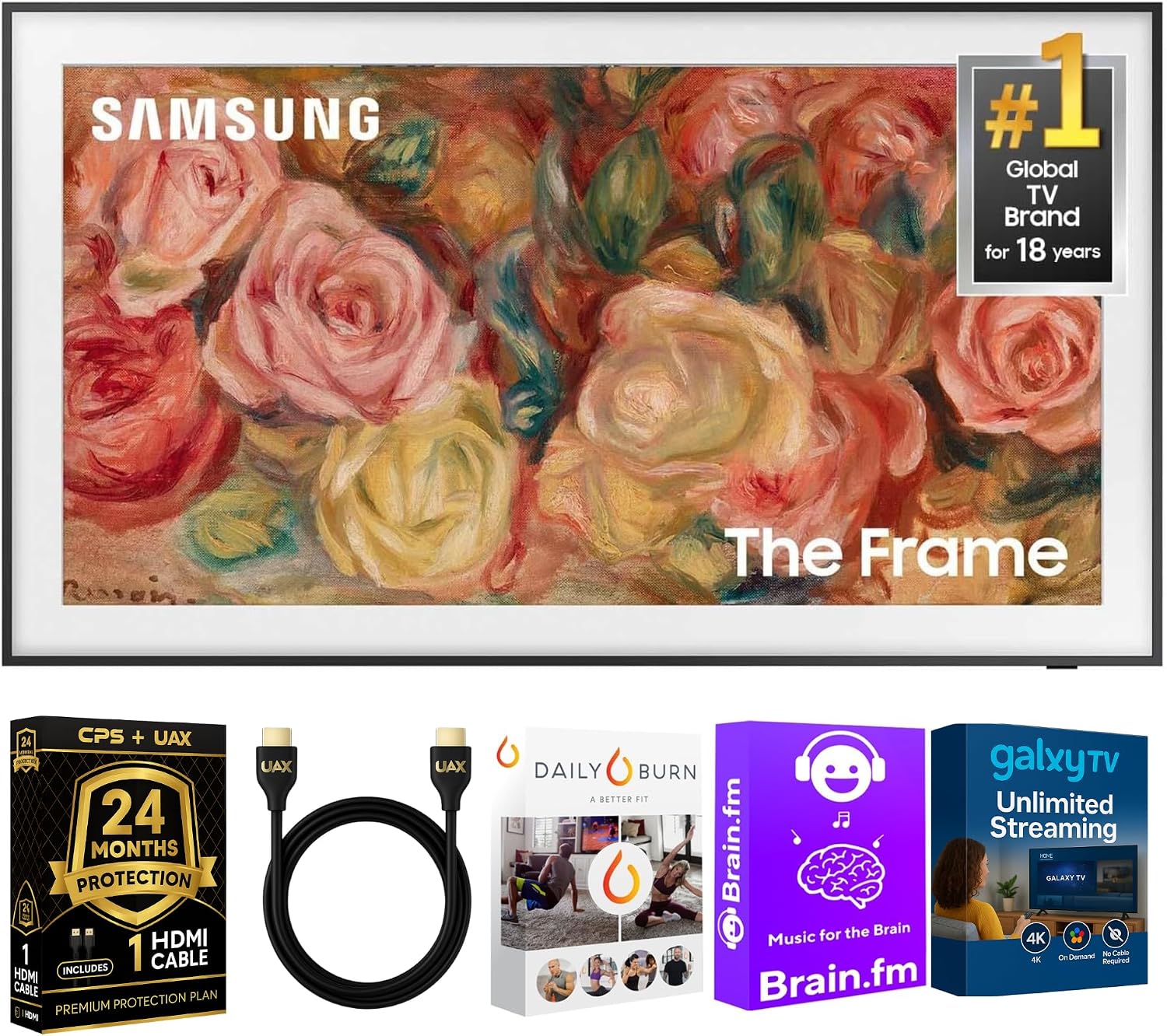 Samsung 50-Inch The Frame LS03D QLED 4K Smart TV Bundle, Quantum HDR, Art Mode, Slim Fit Wall Mount, Alexa Built-in w/AUX HDMI Cable, CPS 24-Month Protection, Streaming Bundle