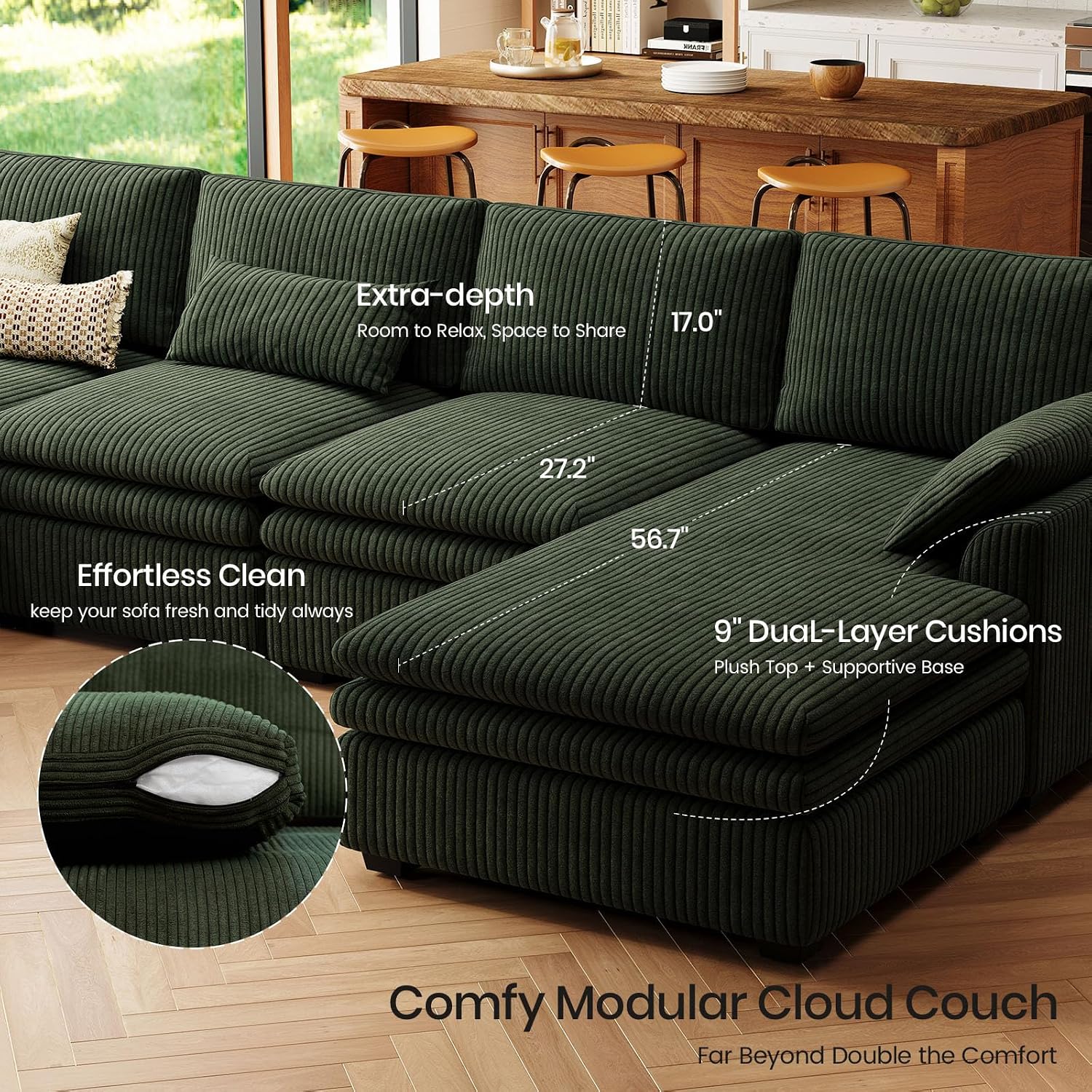 Belffin Large Modular Sectional Sofa with Deep Chaise, Corduroy U Shaped Couch with 9' Soft Dual-Layer 7 Seats Cushion for Living Room, Apartment, Green