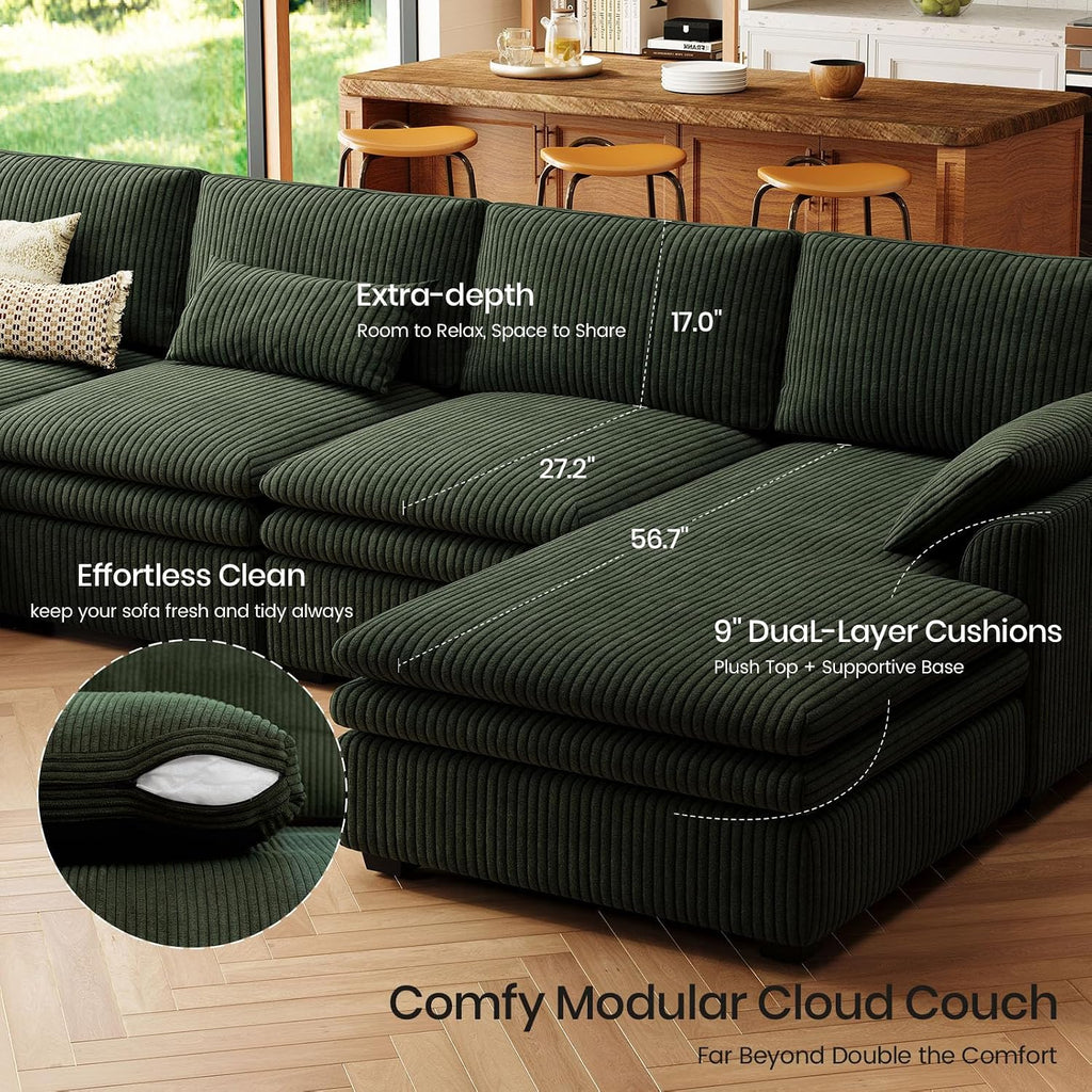 Belffin Large Modular Sectional Sofa with Double Deep Chaise, 135' Corduroy U Shaped Sectional Couch with 9' Soft Dual-Layer 6 Seats U Shaped Couch for Living Room, Apartment, Green