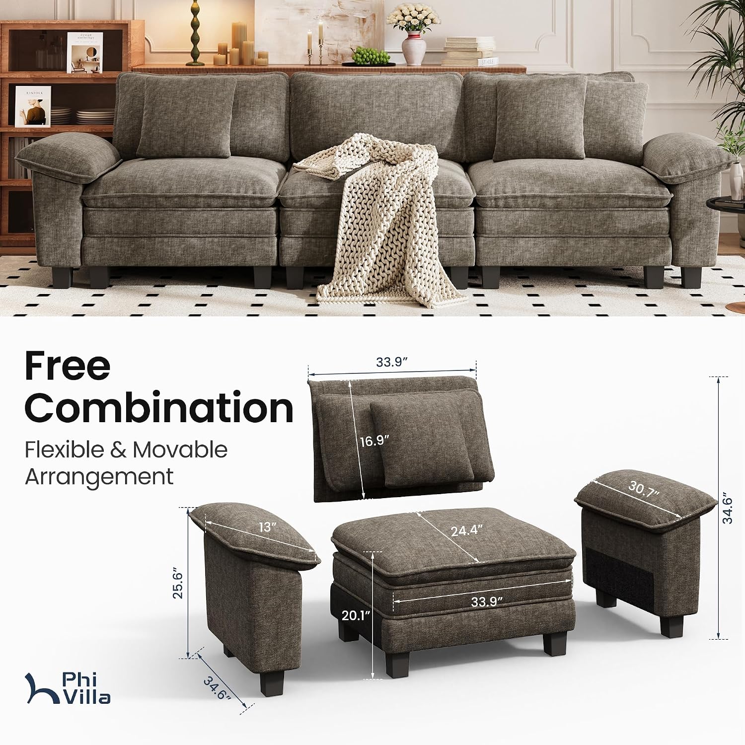 PHI VILLA Modern Modular Couches Sets, 123.6' Cloud Sectional Sofa with Upholstered Deep Seat, 3-Seater Couch for Living Room Small Spaces, Chenille Fabric, Smoky Grey