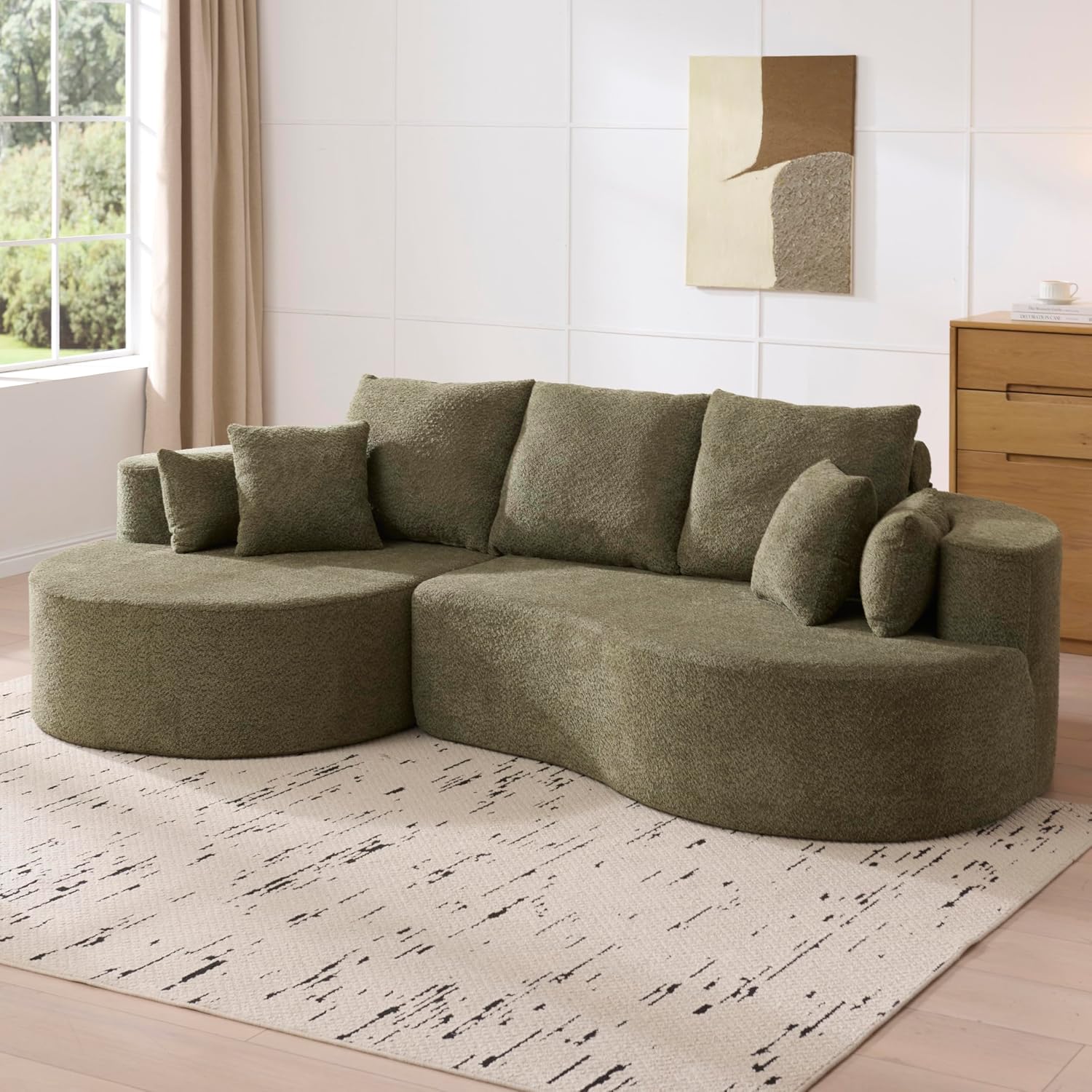 Christopher Knight Home Carden 106' Curved Modular Sectional Sofa, Fabric Upholstered Comfy Sofa Couch with Chaise Lounge, Modern Cloud Couch with Deep Seat, No Assembly Required, Olive Green