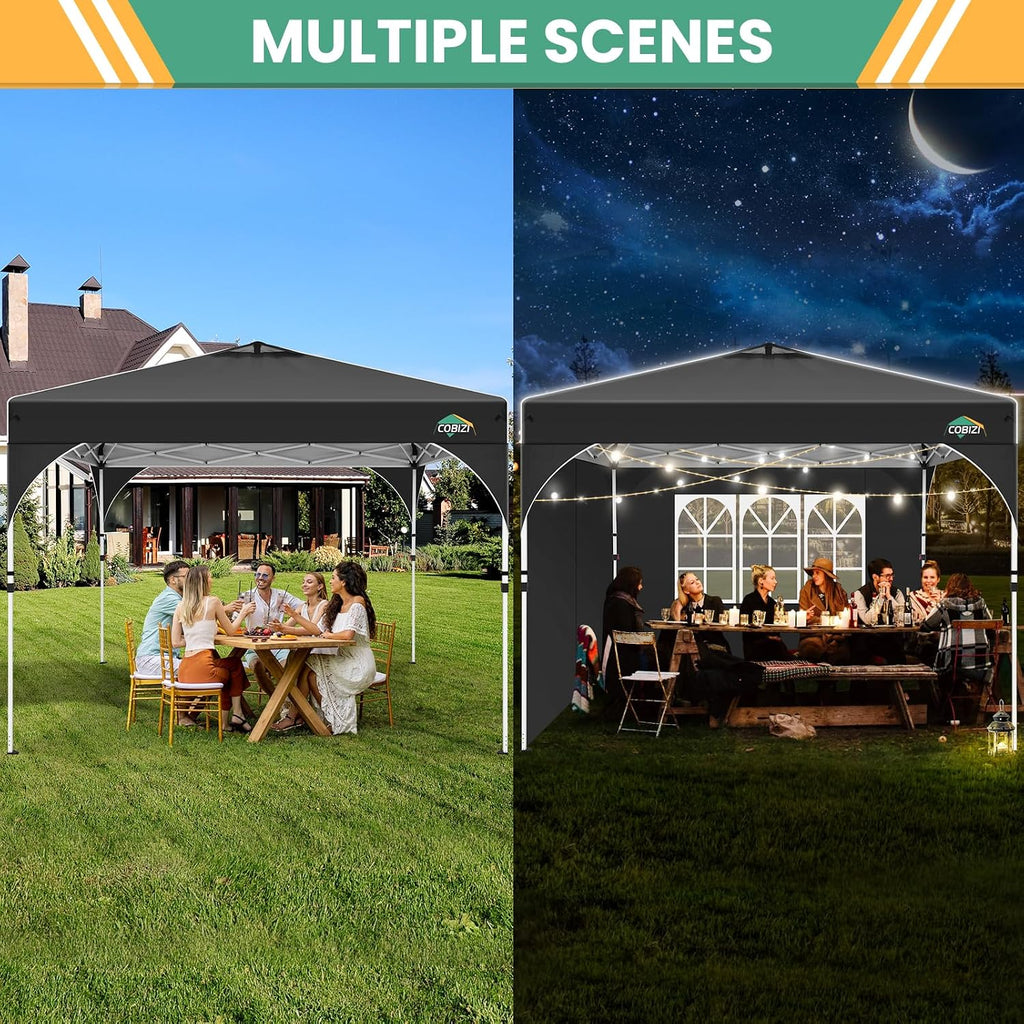 COBIZI 10x10 Pop Up Canopy Tent, Outdoor Party Tent with 3 Sidewalls, 1 Person Easy Set up, Tents for Parties with Fluorescent Strip & 4 Sandbags, Waterproof UPF50+, 3 Adjustable Height, Black