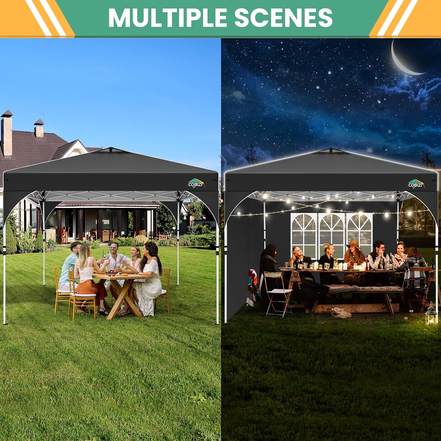 COBIZI 10x10 Pop Up Canopy Tent, Outdoor Party Tent with 3 Sidewalls, 1 Person Easy Set up, Tents for Parties with Fluorescent Strip & 4 Sandbags, Waterproof UPF50+, 3 Adjustable Height, Black