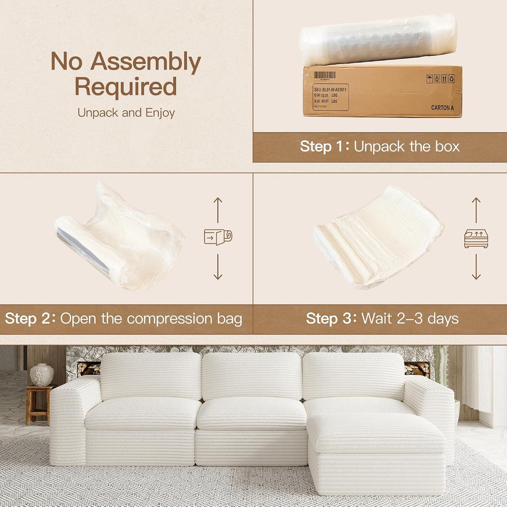 Plush Corduroy Cloud Sectional Couches for Living Room Boneless Modular Sectional Sofa Convertible 3-Seater L Shaped Couch with Ottoman. White Sofa.