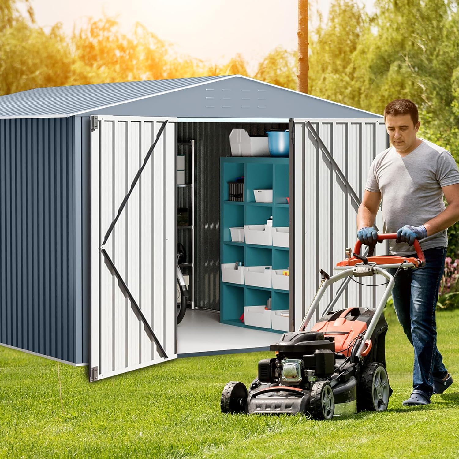 10x12 FT Outdoor Metal Storage Shed, Metal Garden Tool Shed with Lockable Doors, Large Utility Tool Storage Sheds for Patio Lawn Backyard Outside Use, Grey