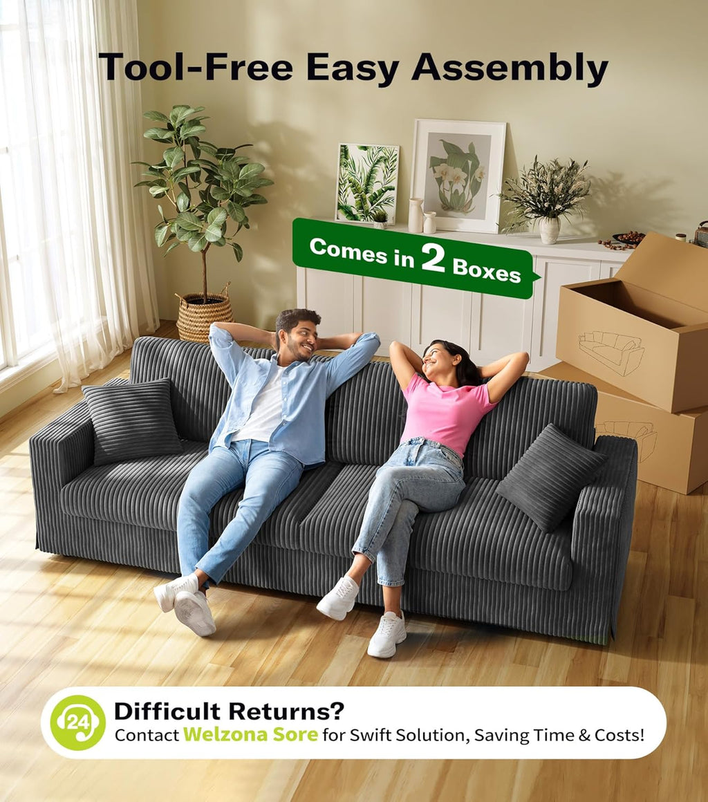 Welzona Corduroy Sofa Couch, 101' Comfy Couches for Living Room, Classic Grey | 24' Extra Deep Seat, Tool-Free Sofas, All-Wood Loveseat, 2 Pillows Included, 850lbs Load-bearing