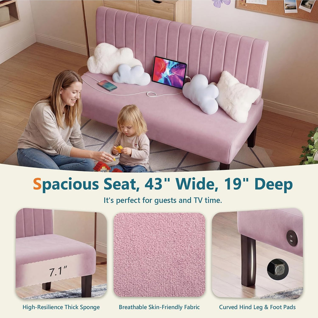STHOUYN Mini Small Comfy Couch Armless Loveseat Sofa for Bedroom with USB Port, Velvet Couches for Small Spaces Living Room, Apartment Office Dorm (Pink)