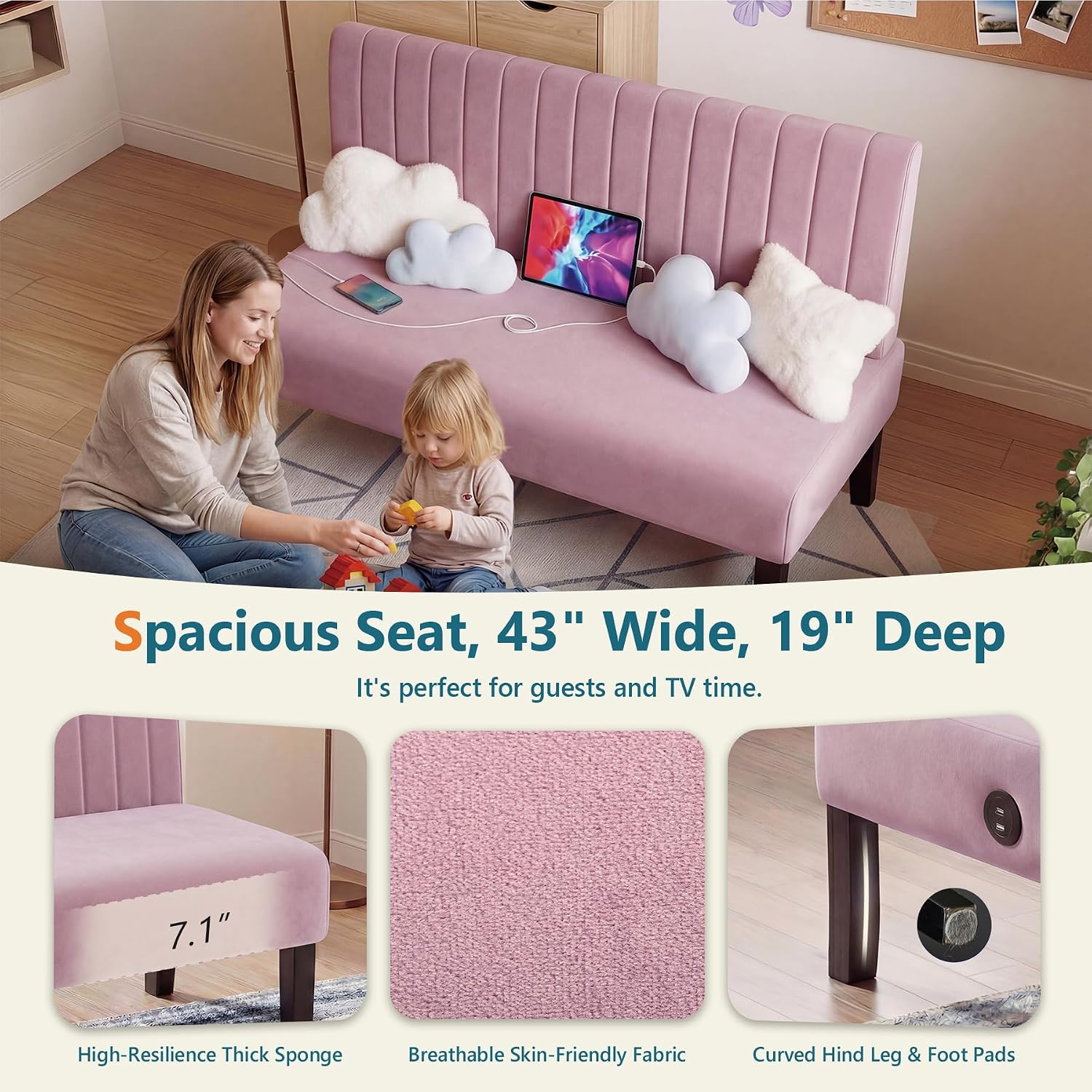 STHOUYN Mini Small Comfy Couch Armless Loveseat Sofa for Bedroom with USB Port, Velvet Couches for Small Spaces Living Room, Apartment Office Dorm (Pink)