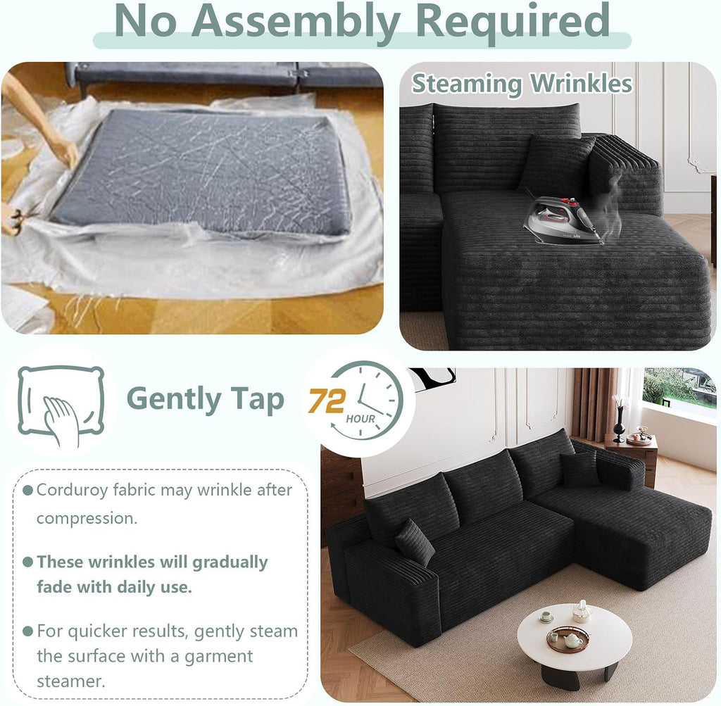 95' Modular Sectional Sofa, Modern Corduroy Cloud Couch with Side Pockets, Boneless Couch Upholstered 3-Seater L-Shaped Sofa for Living Room, No Assembly Required (Black,Right-Facing Chaise)