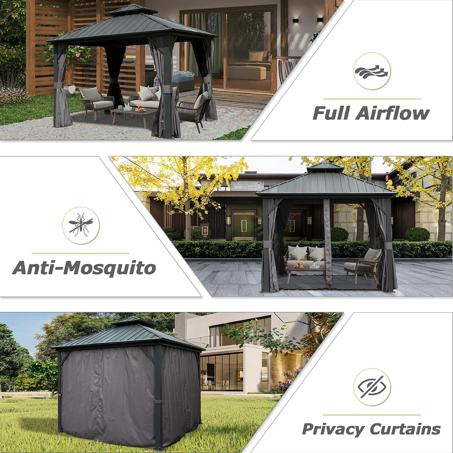 Domi Hardtop Gazebos 10x10FT, Aluminum Metal Gazebo with Galvanized Steel Double Roof Canopy, Curtain and Netting, Permanent Gazebo Pavilion for Patio, Backyard, Deck and Lawn, Grey