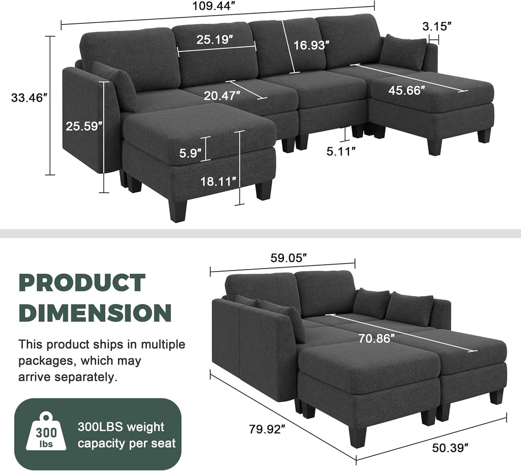 Modular Sectional Sofa, 6 Seaters Modular Sleeper Sofa Couch, Comfy Sectionals Couches Bed, Convertible Sofas with Ottomans, Sectional Couches for Living Room, Dark Grey
